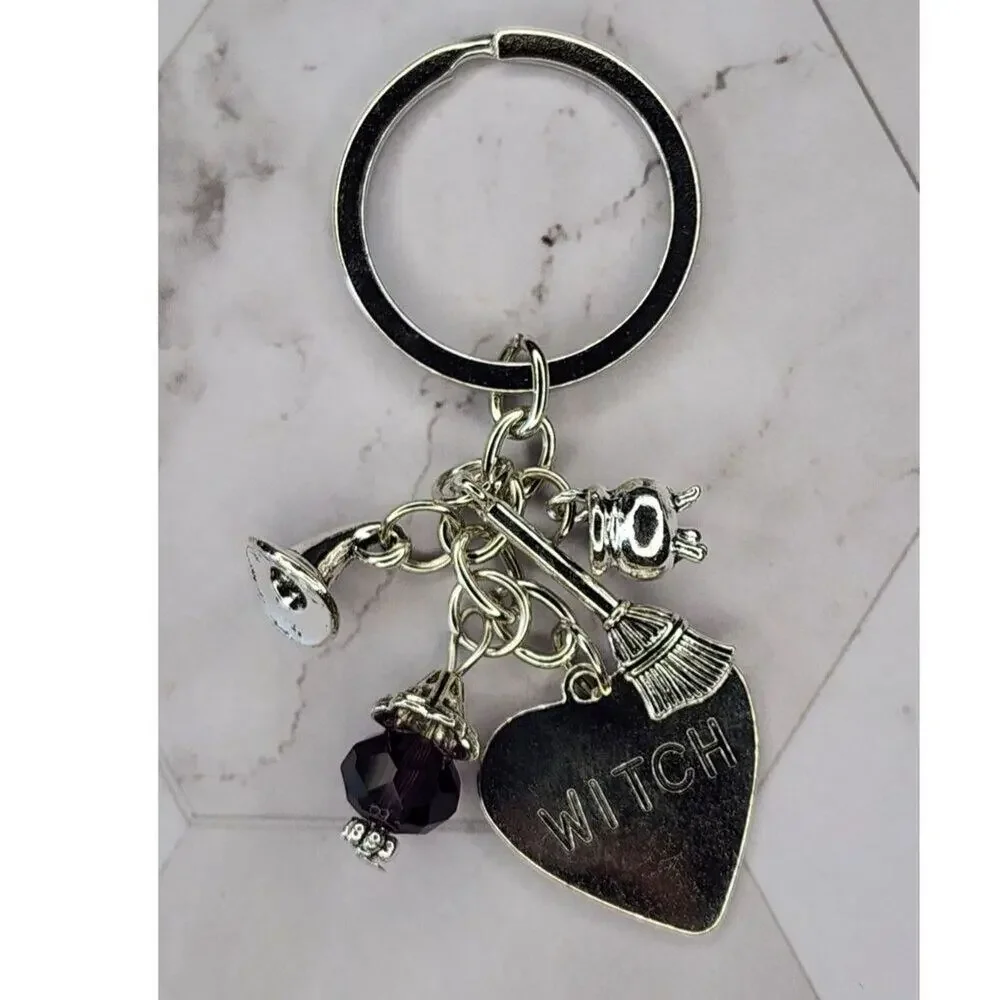 Witch Heart Bag Charm Keychain Broom Cauldron Hat Faux Crystal Silver Tone Metal